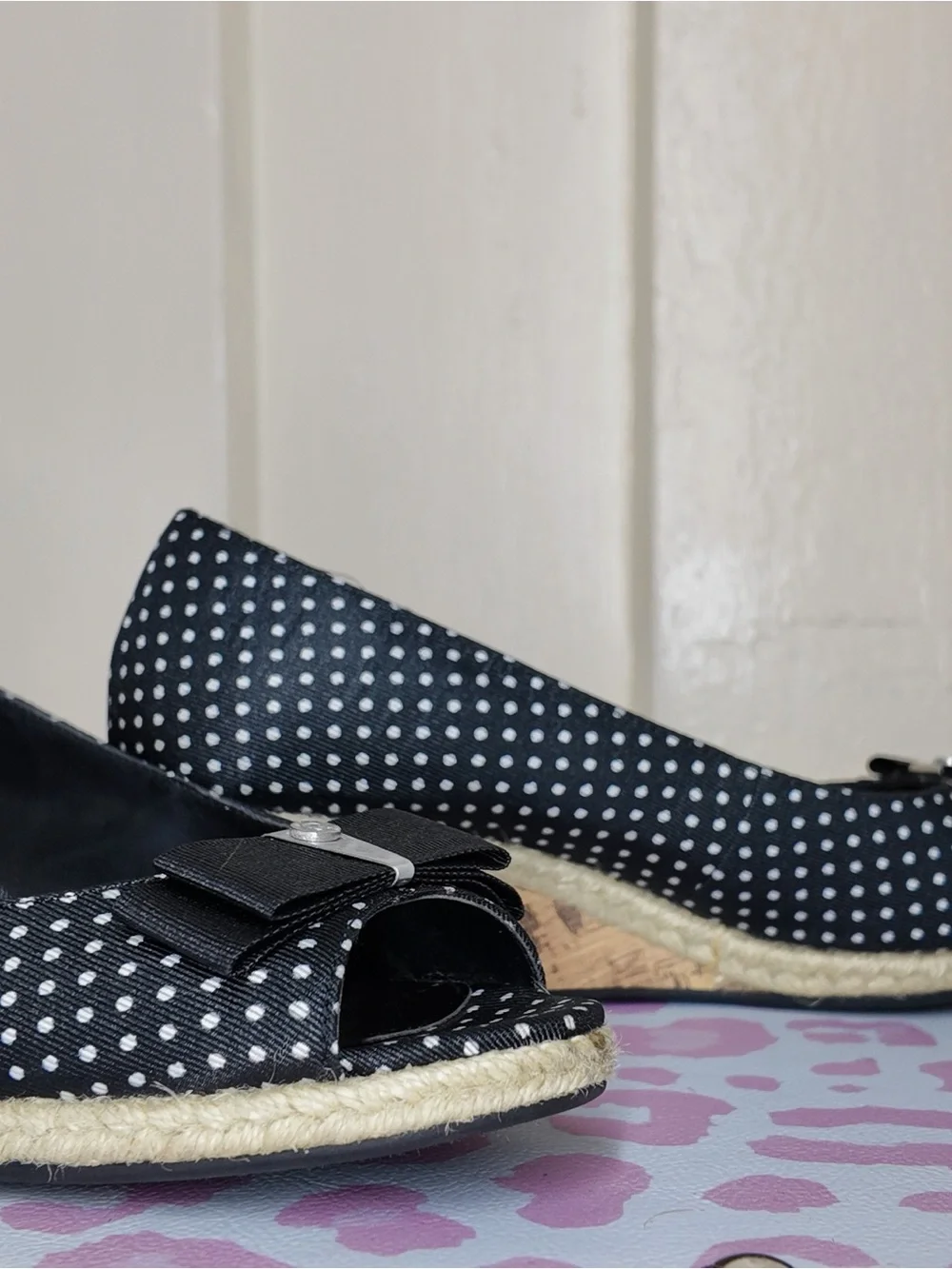 Polka Dot Peep-Toe Wedge Espadrilles with Bow size US 6.5 by Etienne Aigner